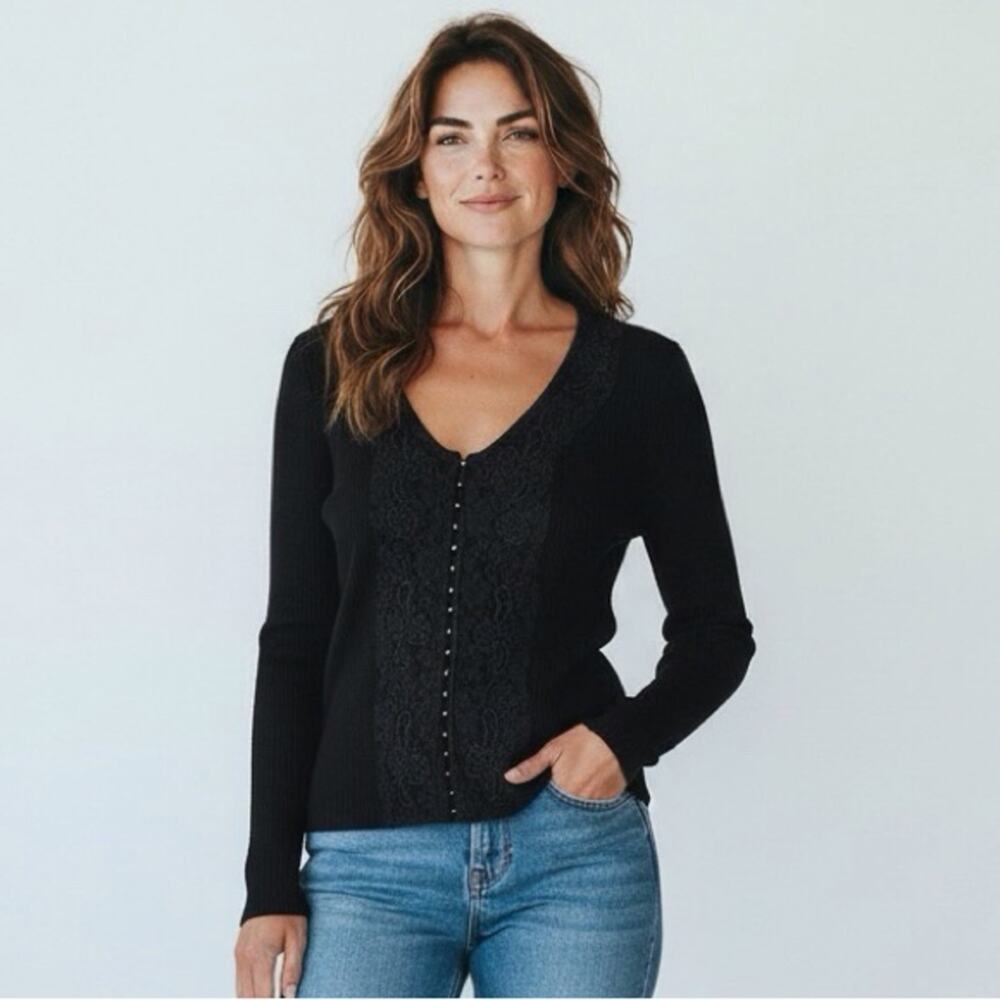 Bette Sung Black Knit Lace Floral Knit Sweater V-Neck  Long Sleeves XL
